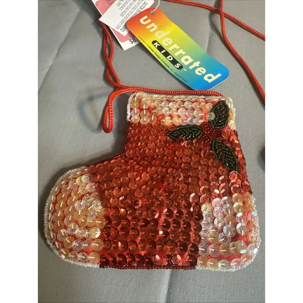 Vintage mini bag Christmas santa Sequin Beaded Stocking Trinket Purse 5” LOT 2